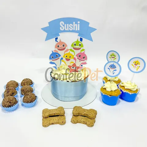 Kit festa pet tradicional tema Baby Shark com bolo, cupcakes e biscoitos